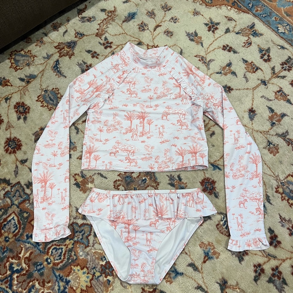 Janie and Jack White and Coral Toile Two-Piece Swim Set